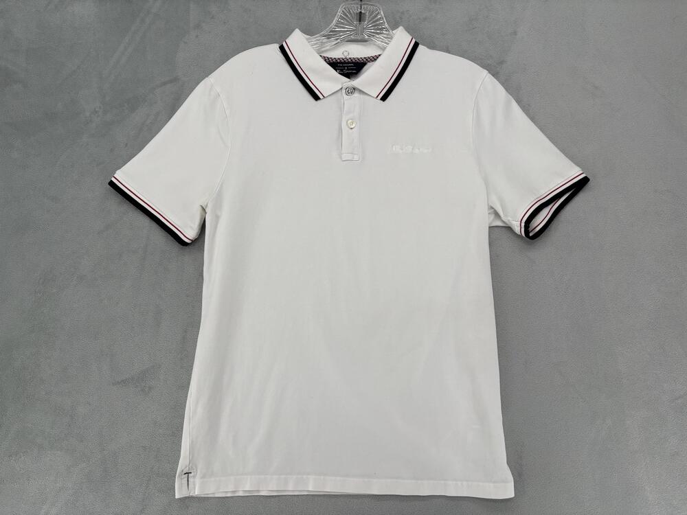 Ben Sherman Polo Shirt Mens Small White Stretch Tipped Collar Cuffs Cotton Blend